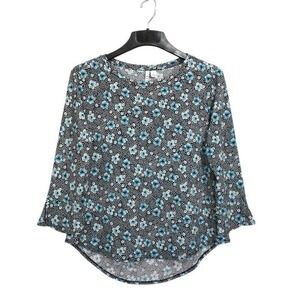 ELLE Top‎ Womens Size Small Black Multi 3/4 Flared Sleeve Floral Print Blouse